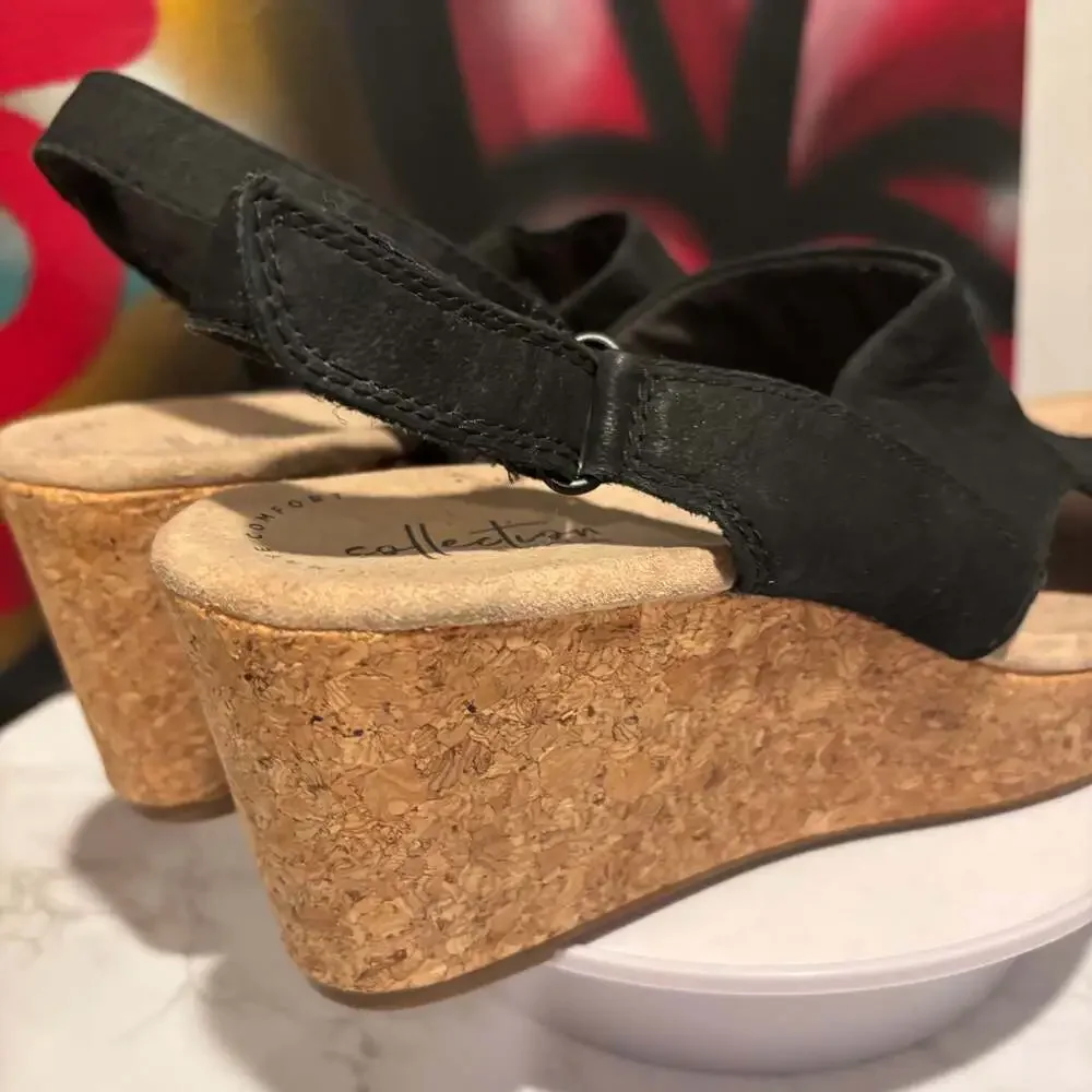 Clarks Annadel Bari wedges cork sandals, Black Nubuck US 8.5